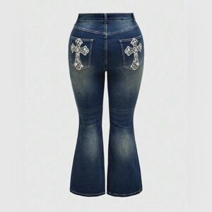 Romwe Goth Casual Cross Embroidery Fit Flare Jeans, Sz 12